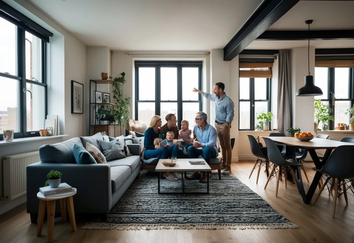 En familie samles i et hyggeligt loft omdannet til en moderne lejlighed komplet med stilfulde møbler og store vinduer der slipper naturligt lys ind